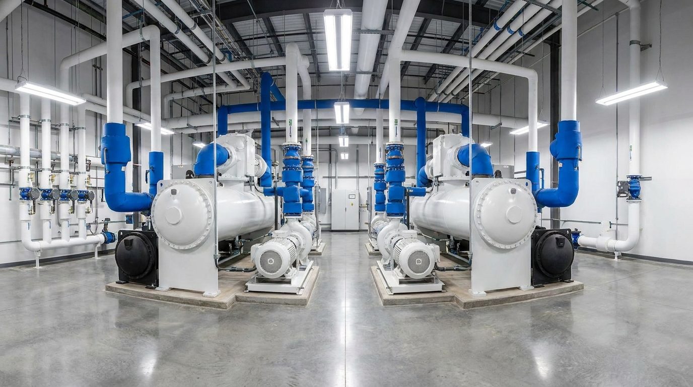 Central chiller plant with two water-cooled chillers and insulated piping