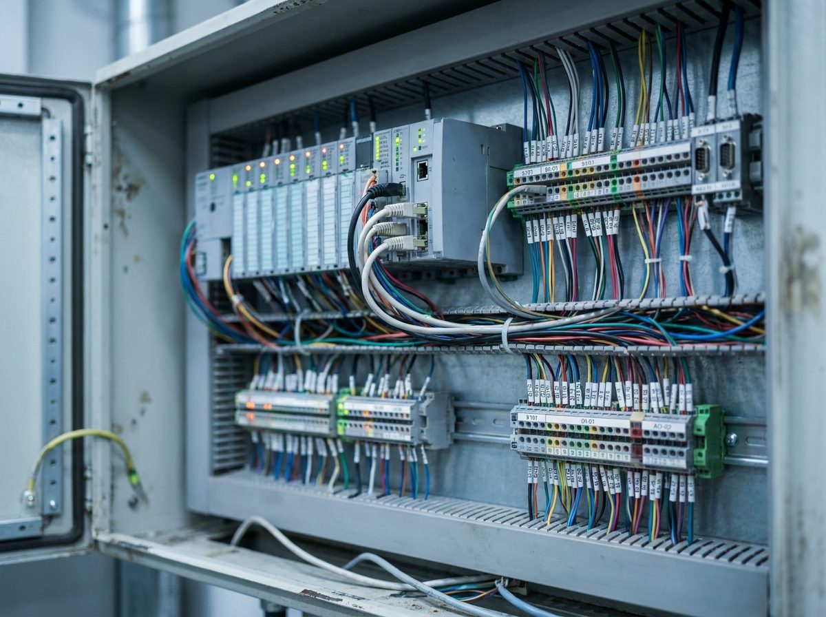 Open building automation control panel with DIN-rail controllers, I/O modules and labeled wiring