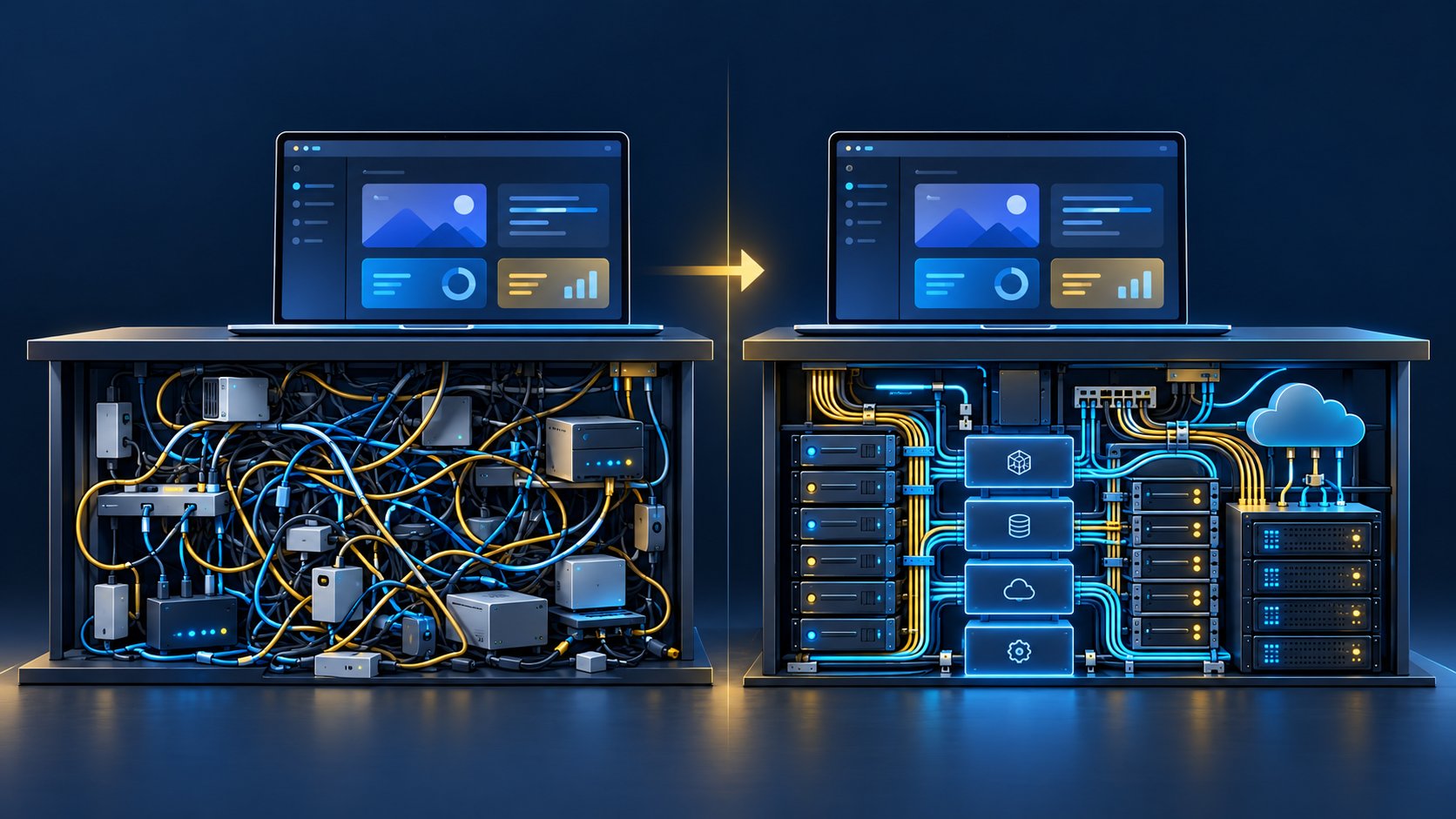 A tangle of wiring under a working app, next to the same app on organized, engineered infrastructure
