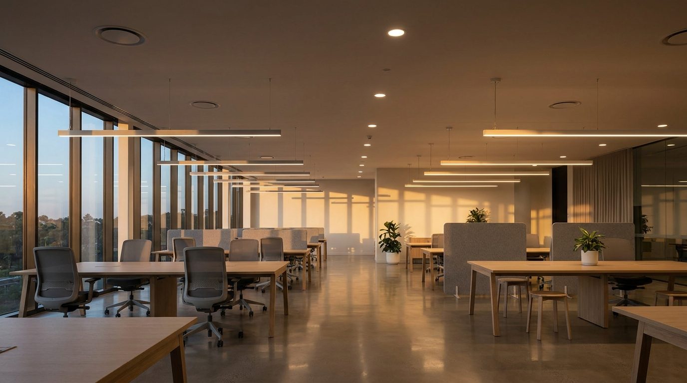 Open-plan office with LED lighting dimmed near the windows and brighter in the interior