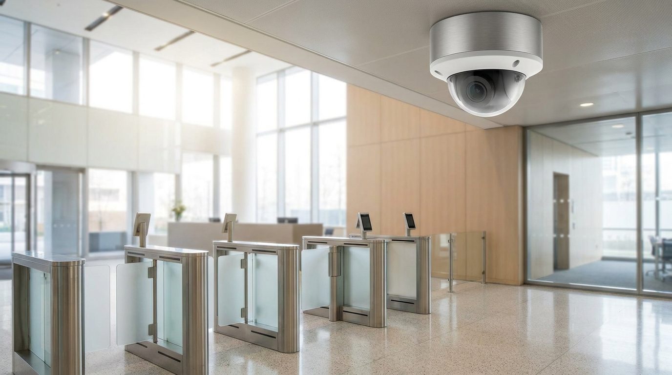 Modern lobby with a ceiling dome security camera and access-control turnstiles