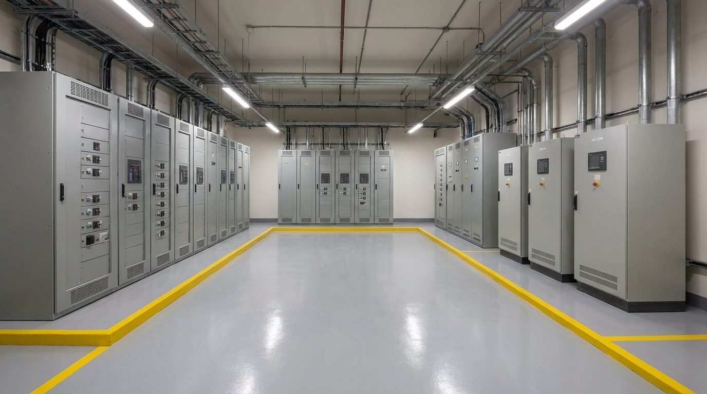 Electrical room with switchgear and automatic transfer switch cabinets